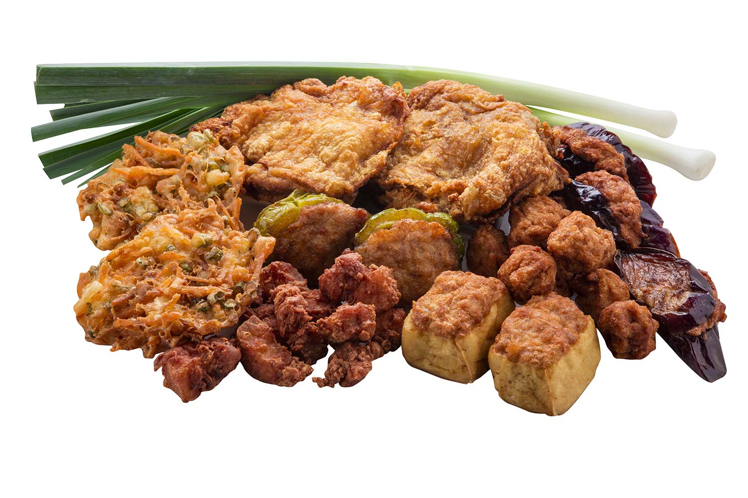 Platter of Hakka side dishes: yong tau foo, meatballs, fried pork belly, chicken cutlet and vegetable pancake